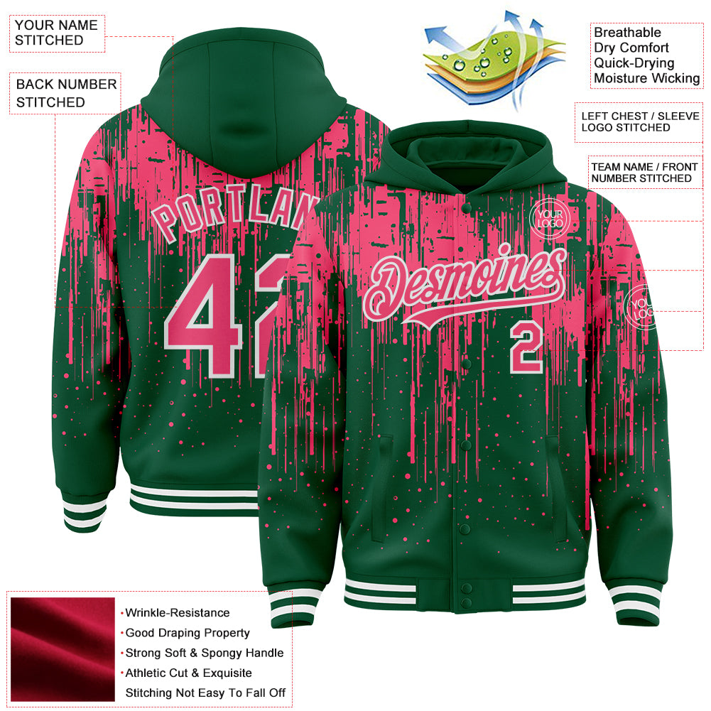 Custom Kelly Green Neon Pink-White Dripping Splatter Bomber Full-Snap Varsity Letterman Hoodie Jacket