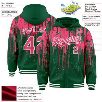 Custom Kelly Green Neon Pink-White Dripping Splatter Bomber Full-Snap Varsity Letterman Hoodie Jacket