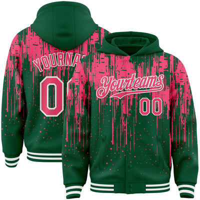 Custom Kelly Green Neon Pink-White Dripping Splatter Bomber Full-Snap Varsity Letterman Hoodie Jacket