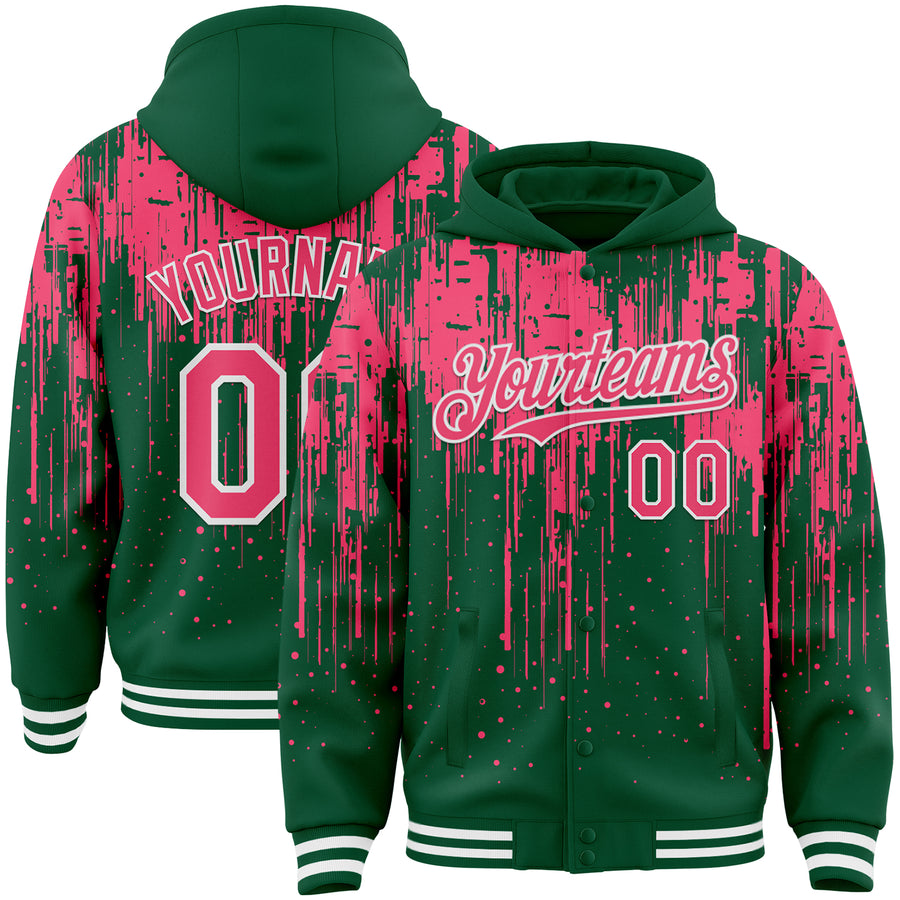 Custom Kelly Green Neon Pink-White Dripping Splatter Bomber Full-Snap Varsity Letterman Hoodie Jacket