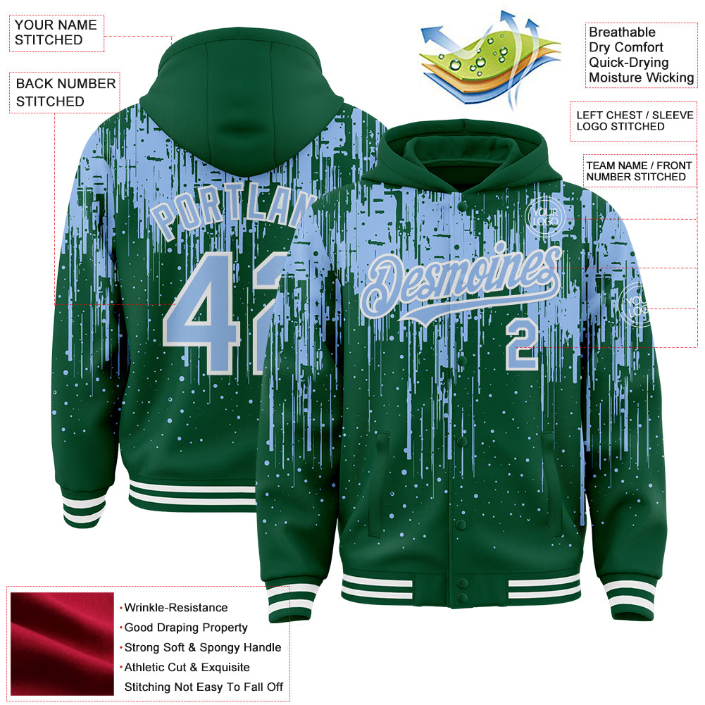 Custom Kelly Green Light Blue-White Dripping Splatter Bomber Full-Snap Varsity Letterman Hoodie Jacket