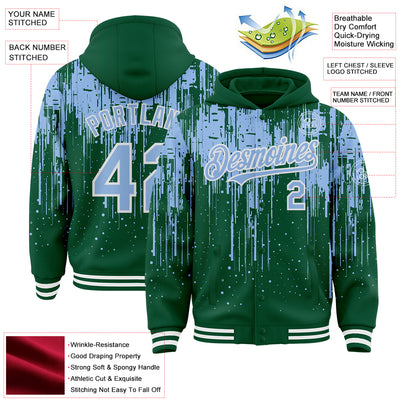 Custom Kelly Green Light Blue-White Dripping Splatter Bomber Full-Snap Varsity Letterman Hoodie Jacket
