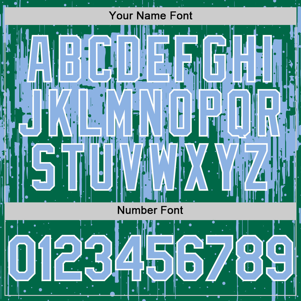 Custom Kelly Green Light Blue-White Dripping Splatter Bomber Full-Snap Varsity Letterman Hoodie Jacket