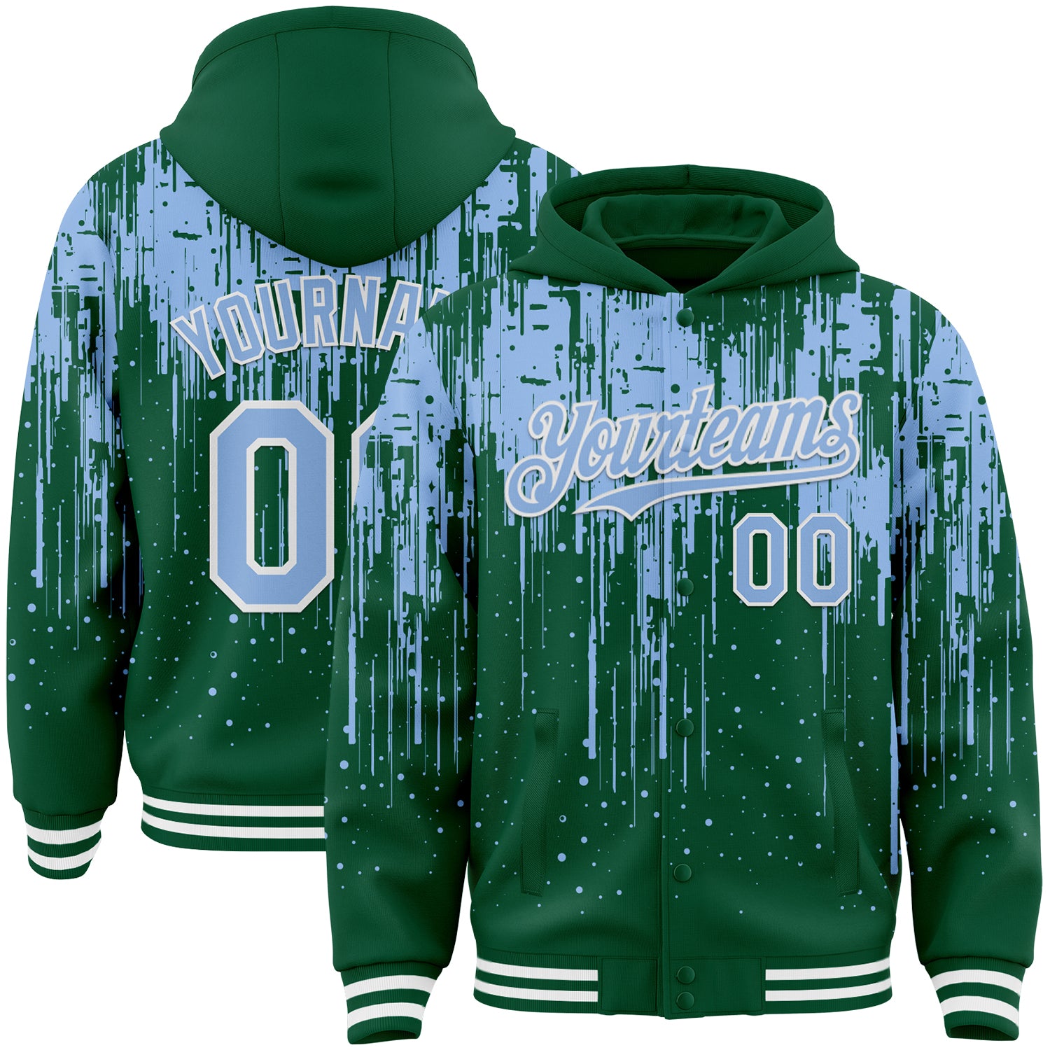Custom Kelly Green Light Blue-White Dripping Splatter Bomber Full-Snap Varsity Letterman Hoodie Jacket