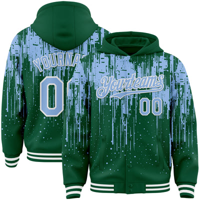 Custom Kelly Green Light Blue-White Dripping Splatter Bomber Full-Snap Varsity Letterman Hoodie Jacket