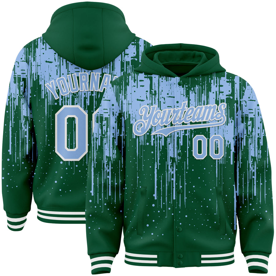 Custom Kelly Green Light Blue-White Dripping Splatter Bomber Full-Snap Varsity Letterman Hoodie Jacket