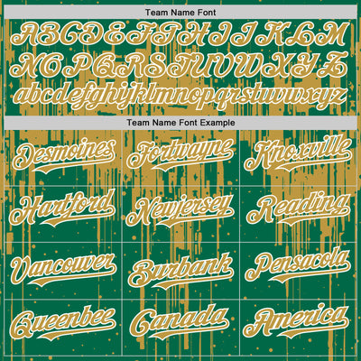 Custom Kelly Green Old Gold-White Dripping Splatter Bomber Full-Snap Varsity Letterman Hoodie Jacket