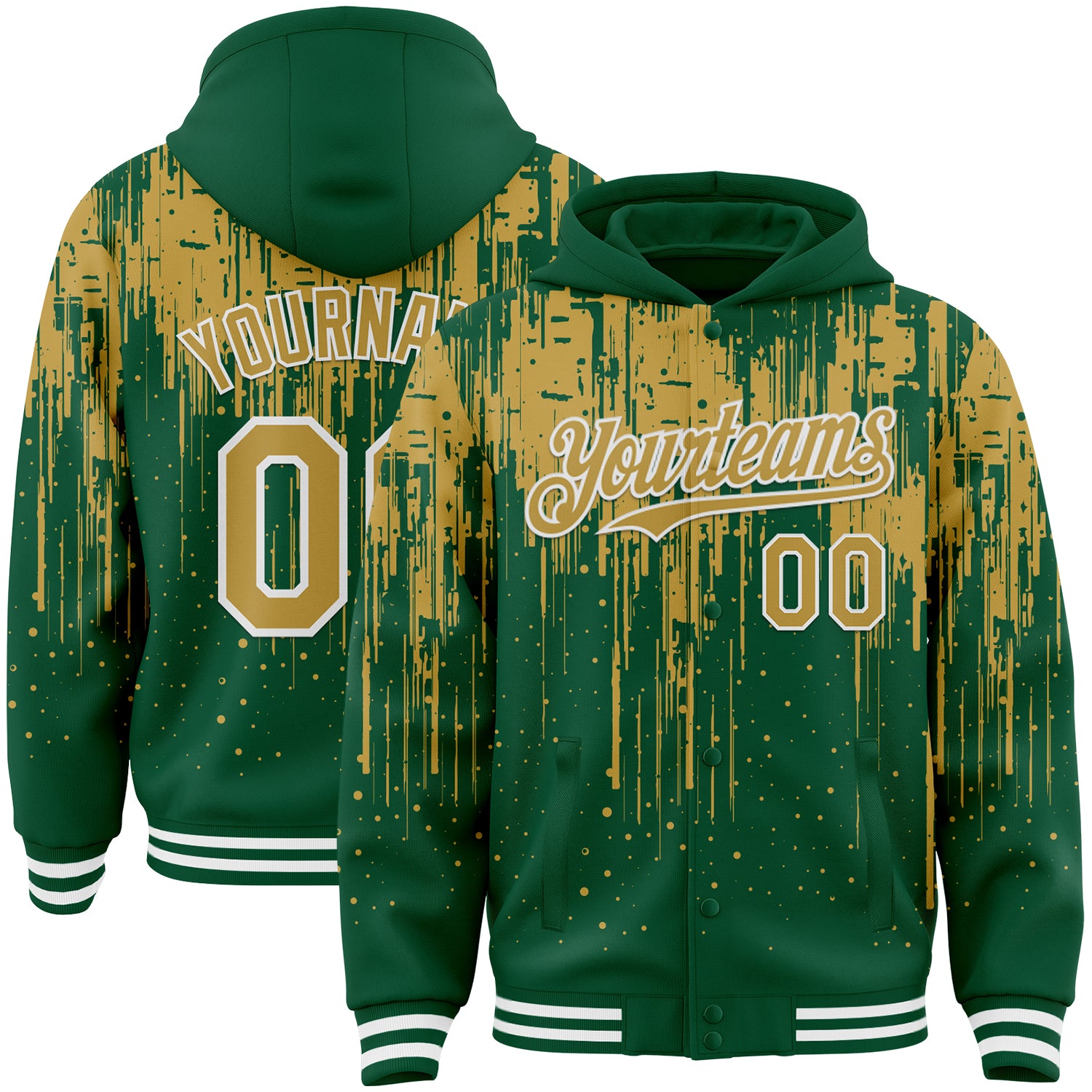 Custom Kelly Green Old Gold-White Dripping Splatter Bomber Full-Snap Varsity Letterman Hoodie Jacket