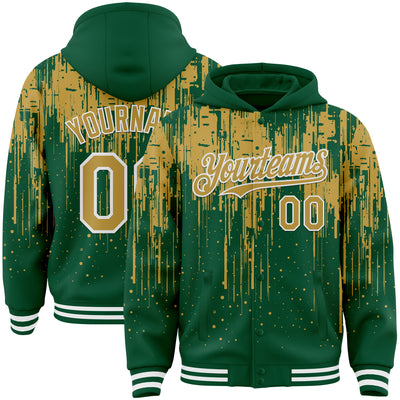 Custom Kelly Green Old Gold-White Dripping Splatter Bomber Full-Snap Varsity Letterman Hoodie Jacket