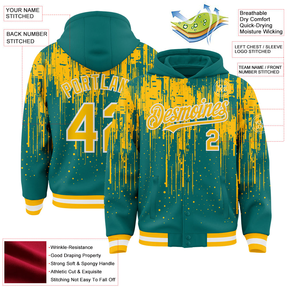 Custom Teal Gold-White Dripping Splatter Bomber Full-Snap Varsity Letterman Hoodie Jacket