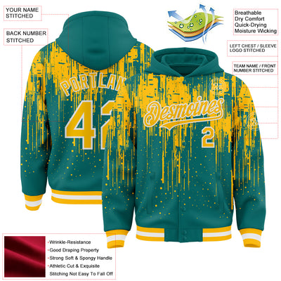 Custom Teal Gold-White Dripping Splatter Bomber Full-Snap Varsity Letterman Hoodie Jacket