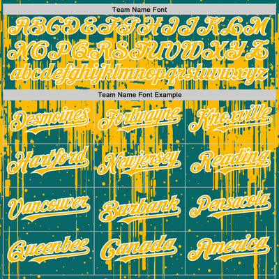 Custom Teal Gold-White Dripping Splatter Bomber Full-Snap Varsity Letterman Hoodie Jacket