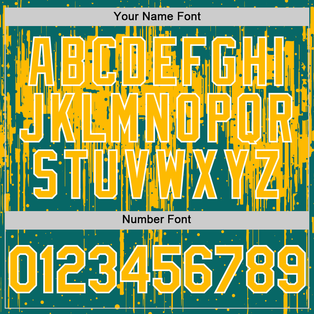 Custom Teal Gold-White Dripping Splatter Bomber Full-Snap Varsity Letterman Hoodie Jacket