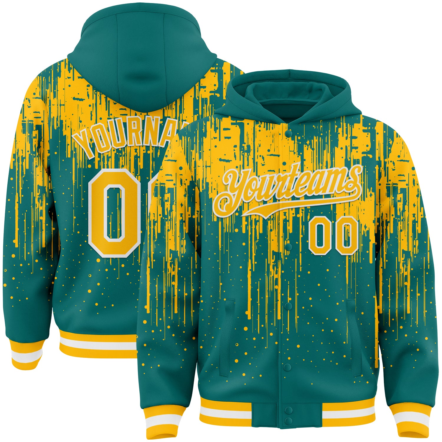 Custom Teal Gold-White Dripping Splatter Bomber Full-Snap Varsity Letterman Hoodie Jacket