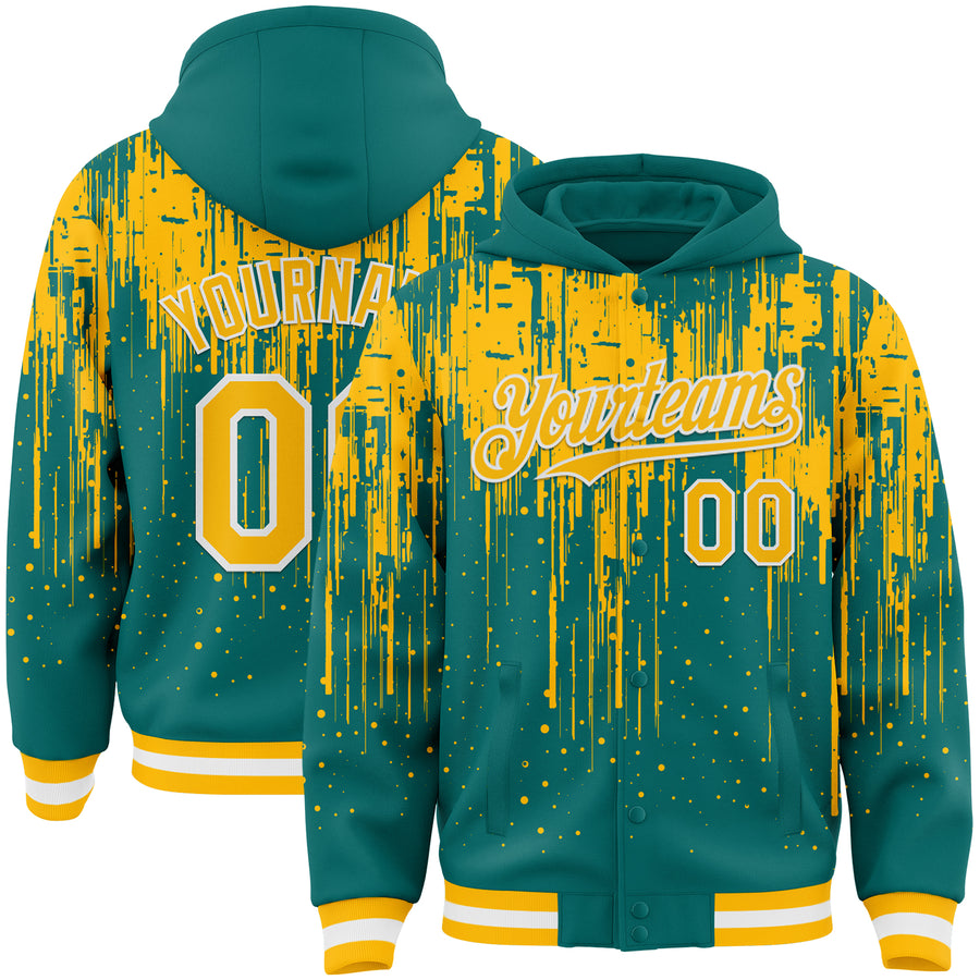 Custom Teal Gold-White Dripping Splatter Bomber Full-Snap Varsity Letterman Hoodie Jacket