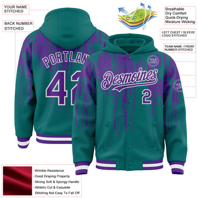 Custom Teal Purple-White Dripping Splatter Bomber Full-Snap Varsity Letterman Hoodie Jacket