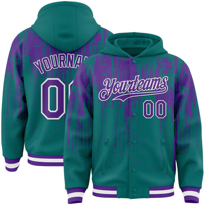Custom Teal Purple-White Dripping Splatter Bomber Full-Snap Varsity Letterman Hoodie Jacket