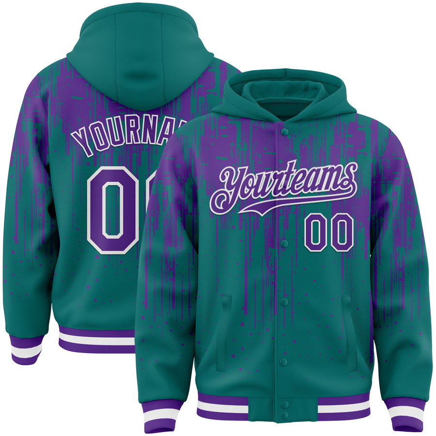 Custom Teal Purple-White Dripping Splatter Bomber Full-Snap Varsity Letterman Hoodie Jacket