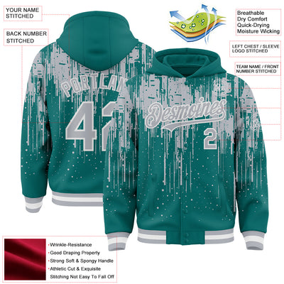 Custom Teal Gray-White Dripping Splatter Bomber Full-Snap Varsity Letterman Hoodie Jacket