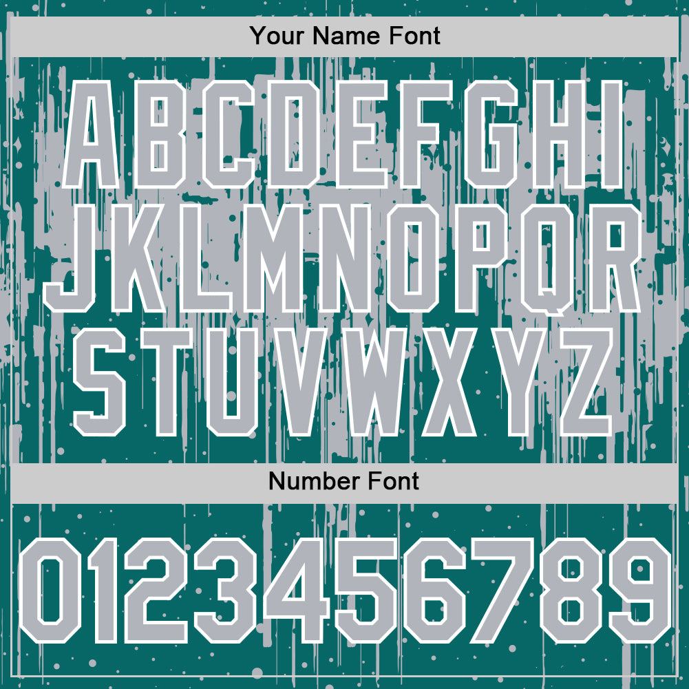 Custom Teal Gray-White Dripping Splatter Bomber Full-Snap Varsity Letterman Hoodie Jacket