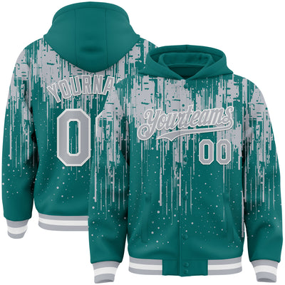 Custom Teal Gray-White Dripping Splatter Bomber Full-Snap Varsity Letterman Hoodie Jacket