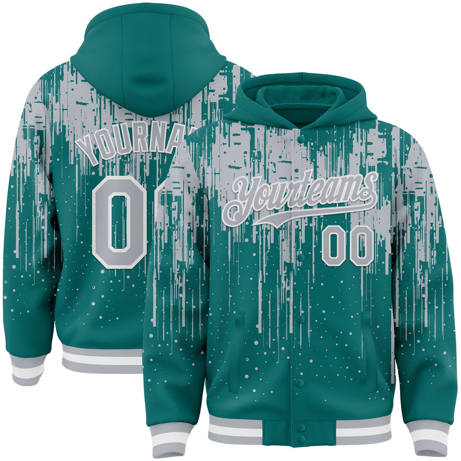 Custom Teal Gray-White Dripping Splatter Bomber Full-Snap Varsity Letterman Hoodie Jacket