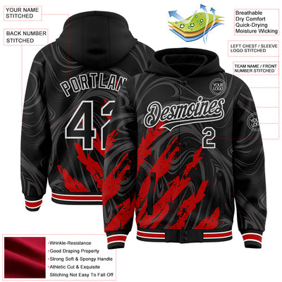 Custom Black Red-White Splash Bomber Full-Snap Varsity Letterman Hoodie Jacket