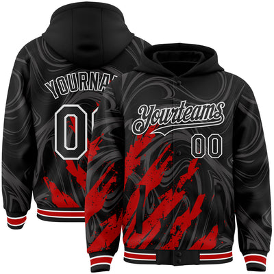 Custom Black Red-White Splash Bomber Full-Snap Varsity Letterman Hoodie Jacket