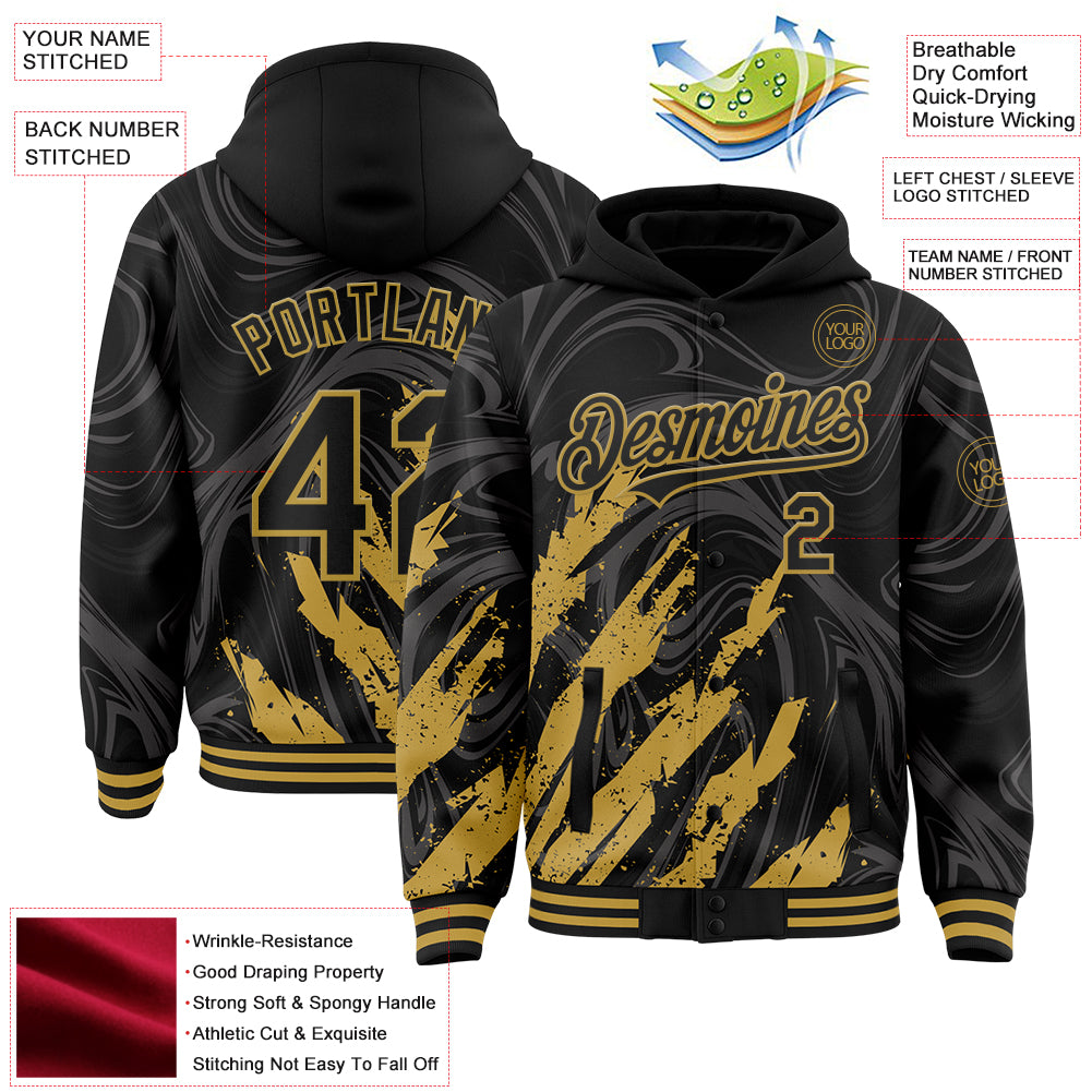 Custom Black Old Gold Splash Bomber Full-Snap Varsity Letterman Hoodie Jacket