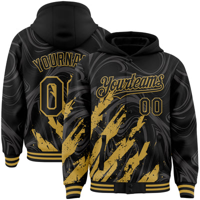 Custom Black Old Gold Splash Bomber Full-Snap Varsity Letterman Hoodie Jacket