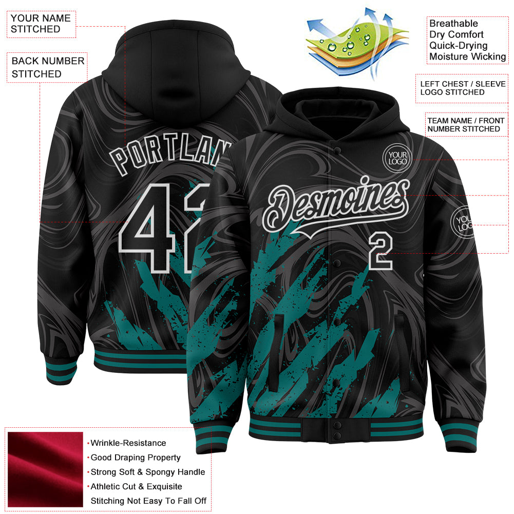 Custom Black Teal-White Splash Bomber Full-Snap Varsity Letterman Hoodie Jacket