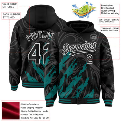 Custom Black Teal-White Splash Bomber Full-Snap Varsity Letterman Hoodie Jacket