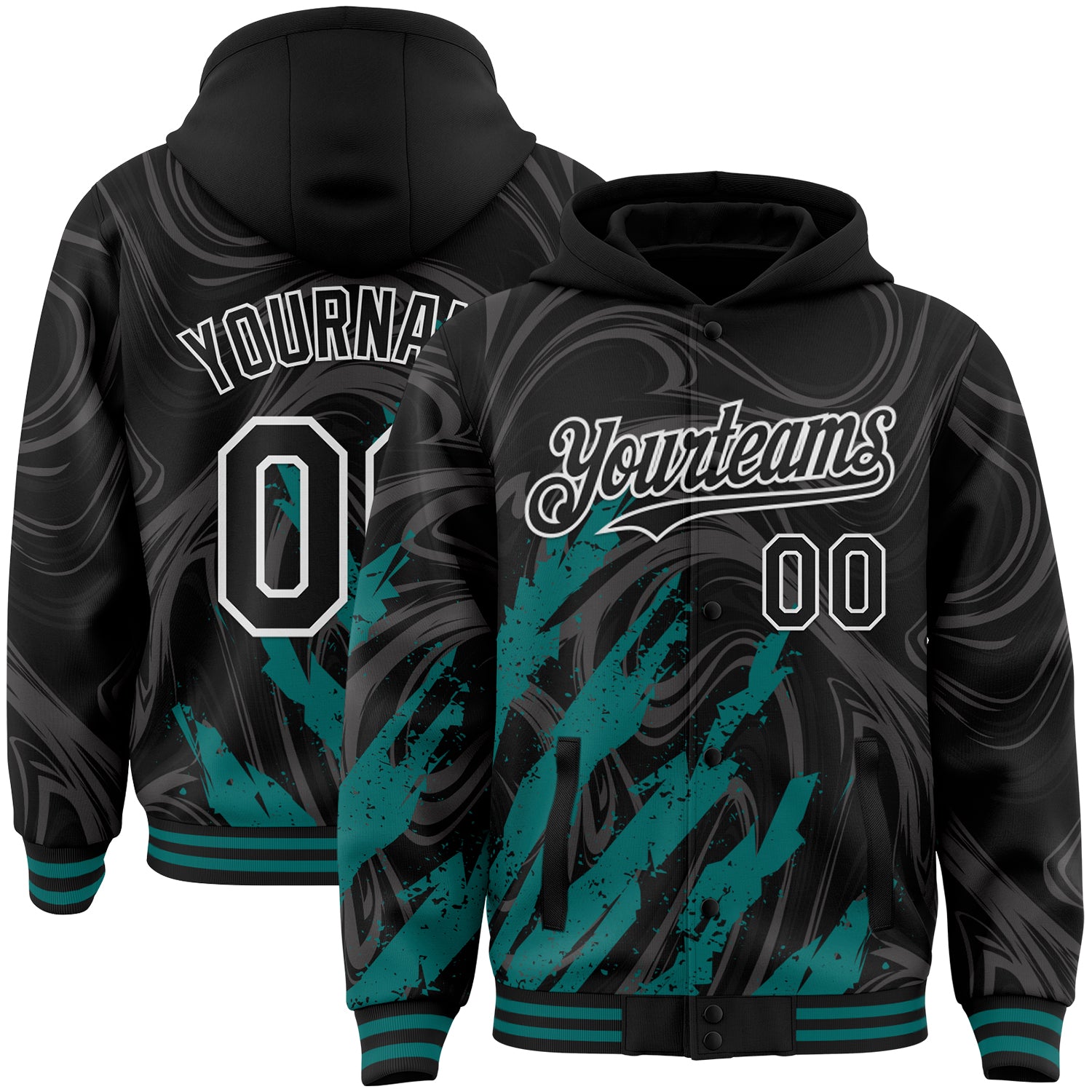 Custom Black Teal-White Splash Bomber Full-Snap Varsity Letterman Hoodie Jacket