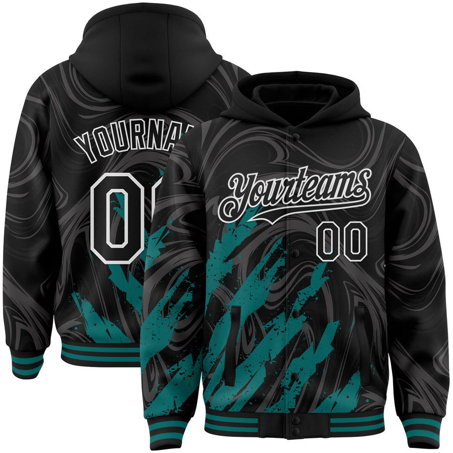 Custom Black Teal-White Splash Bomber Full-Snap Varsity Letterman Hoodie Jacket