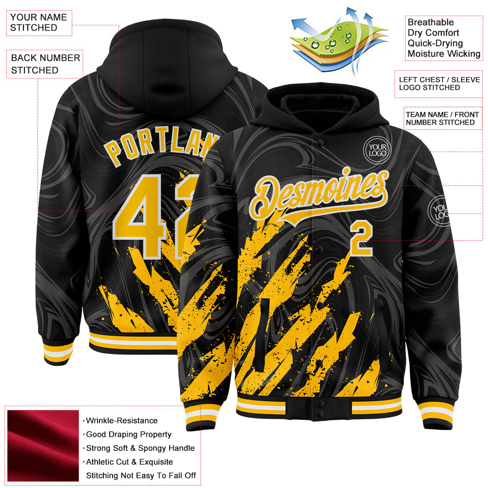 Custom Black Gold-White Splash Bomber Full-Snap Varsity Letterman Hoodie Jacket