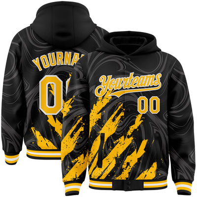 Custom Black Gold-White Splash Bomber Full-Snap Varsity Letterman Hoodie Jacket