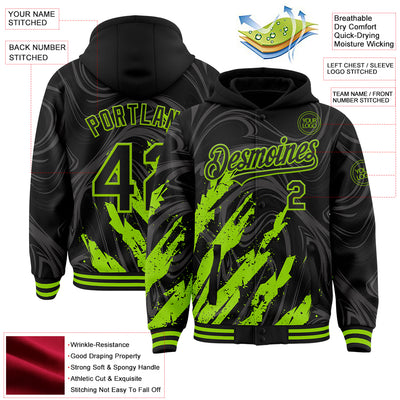 Custom Black Neon Green Splash Bomber Full-Snap Varsity Letterman Hoodie Jacket