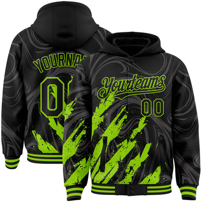 Custom Black Neon Green Splash Bomber Full-Snap Varsity Letterman Hoodie Jacket