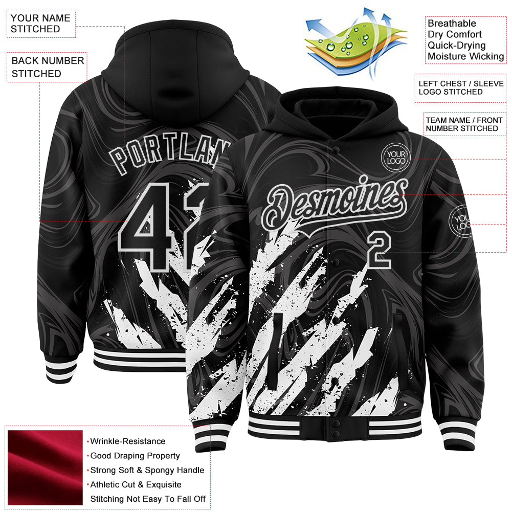 Custom Black White Splash Bomber Full-Snap Varsity Letterman Hoodie Jacket
