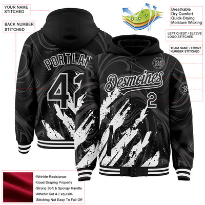 Custom Black White Splash Bomber Full-Snap Varsity Letterman Hoodie Jacket