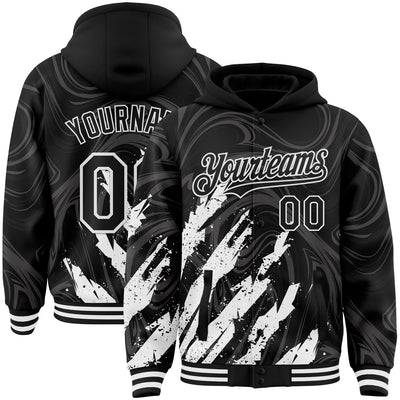 Custom Black White Splash Bomber Full-Snap Varsity Letterman Hoodie Jacket