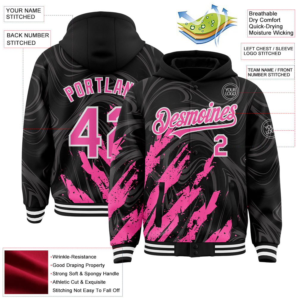Custom Black Pink-White Splash Bomber Full-Snap Varsity Letterman Hoodie Jacket