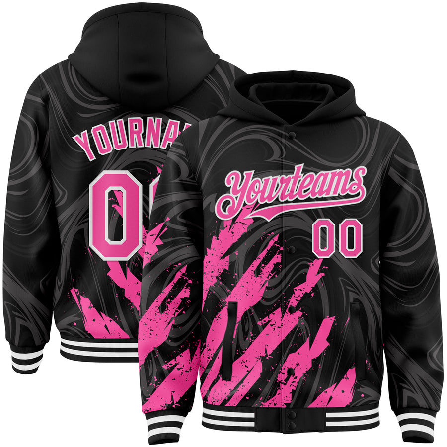 Custom Black Pink-White Splash Bomber Full-Snap Varsity Letterman Hoodie Jacket