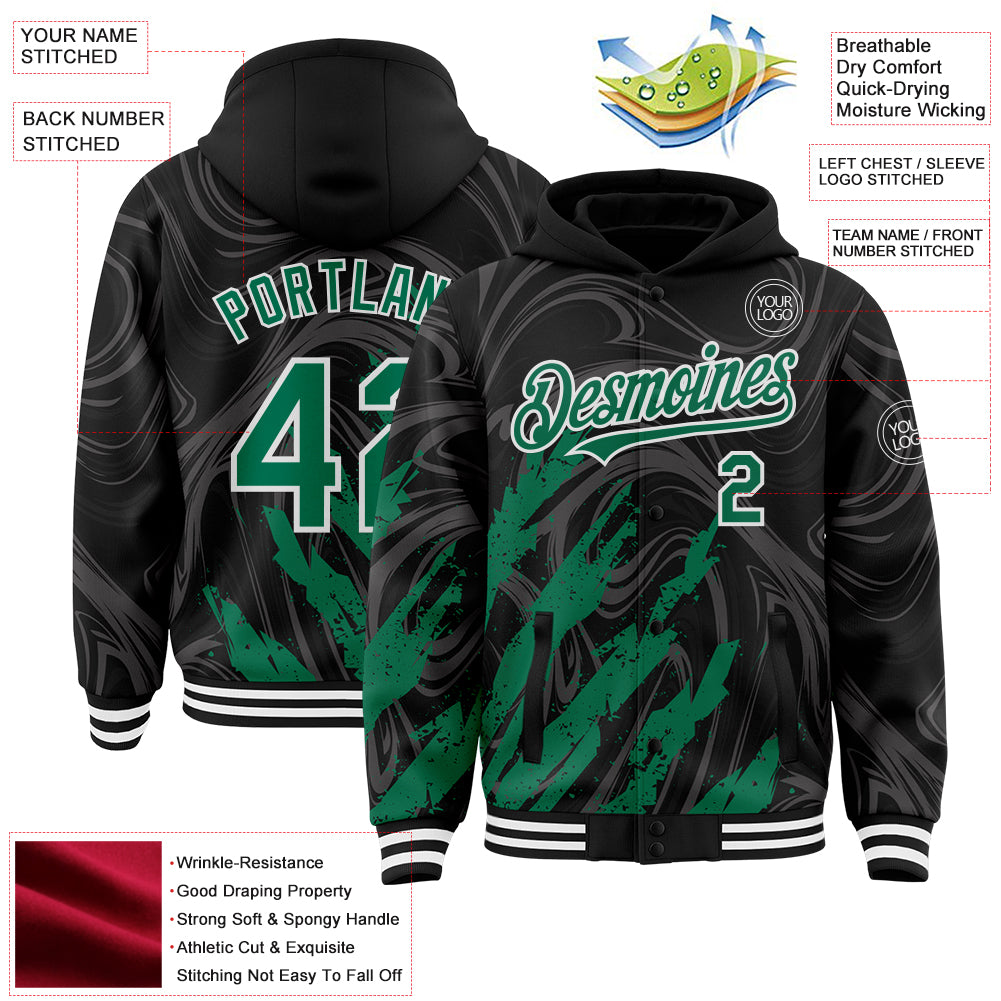 Custom Black Kelly Green-White Splash Bomber Full-Snap Varsity Letterman Hoodie Jacket