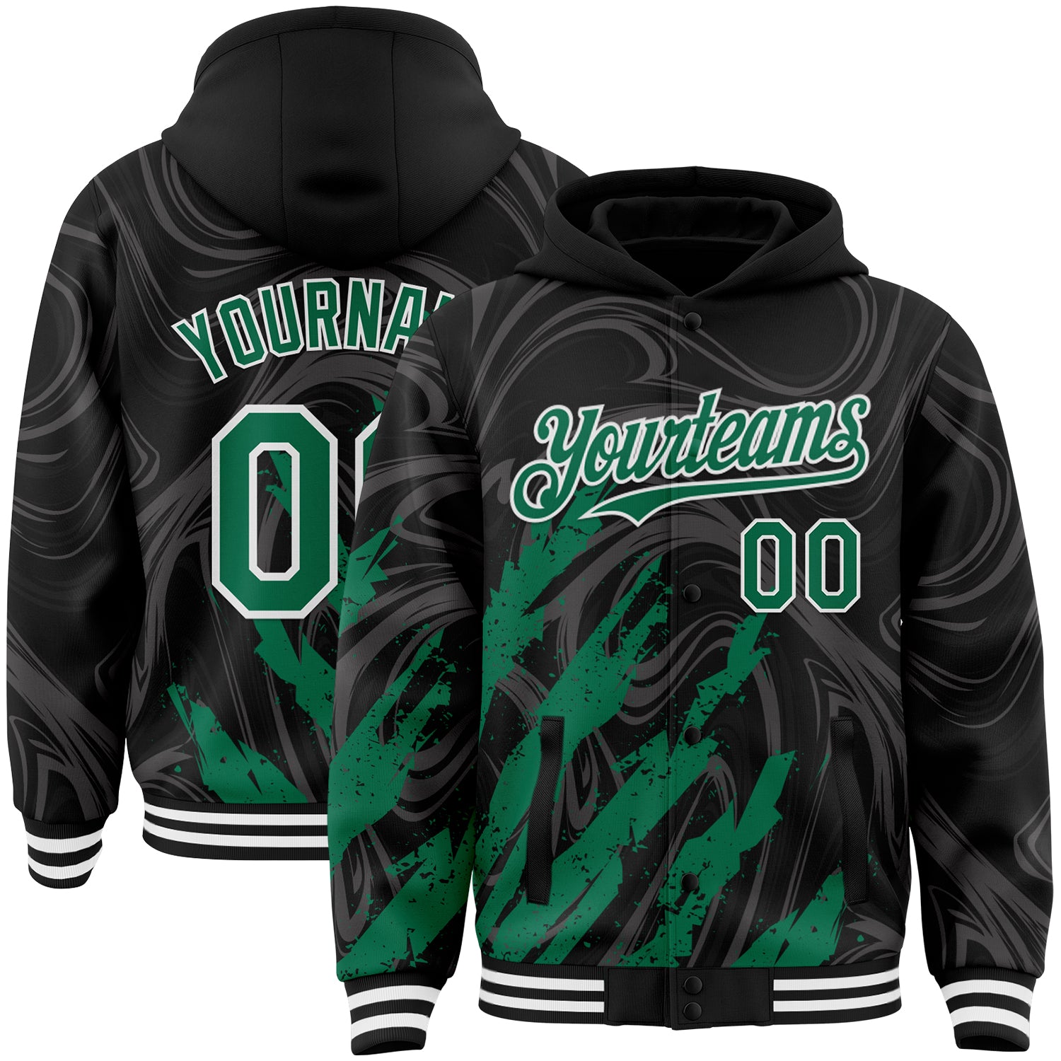 Custom Black Kelly Green-White Splash Bomber Full-Snap Varsity Letterman Hoodie Jacket