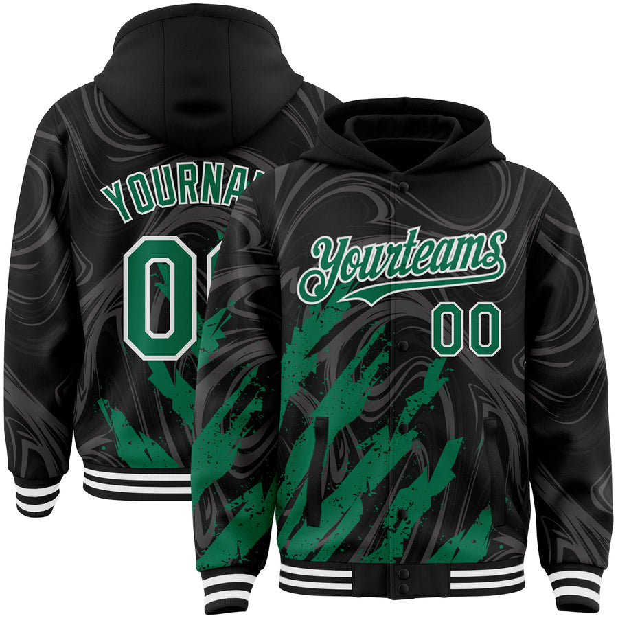 Custom Black Kelly Green-White Splash Bomber Full-Snap Varsity Letterman Hoodie Jacket