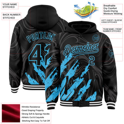 Custom Black Sky Blue-White Splash Bomber Full-Snap Varsity Letterman Hoodie Jacket