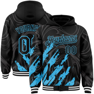 Custom Black Sky Blue-White Splash Bomber Full-Snap Varsity Letterman Hoodie Jacket