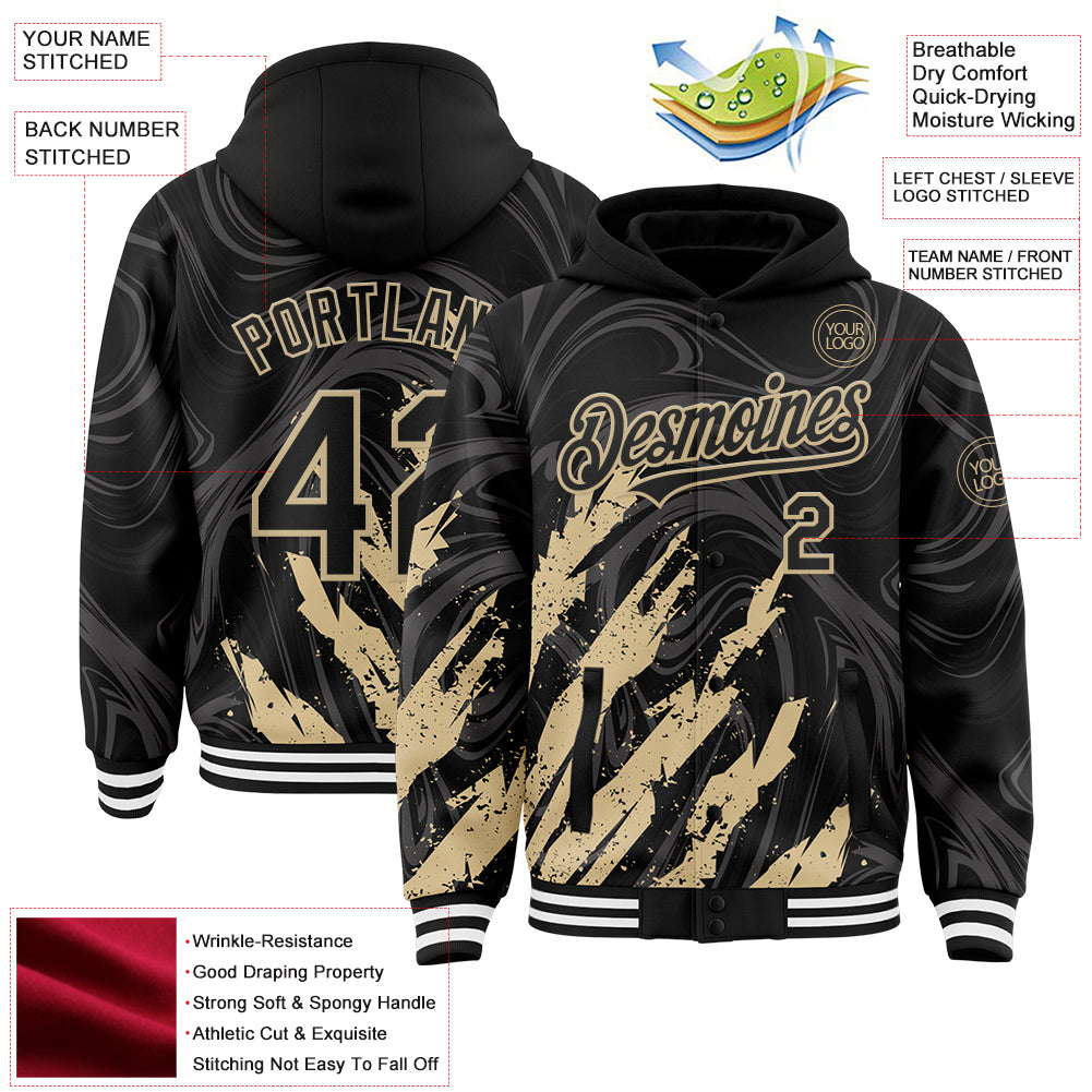 Custom Black Vegas Gold-White Splash Bomber Full-Snap Varsity Letterman Hoodie Jacket