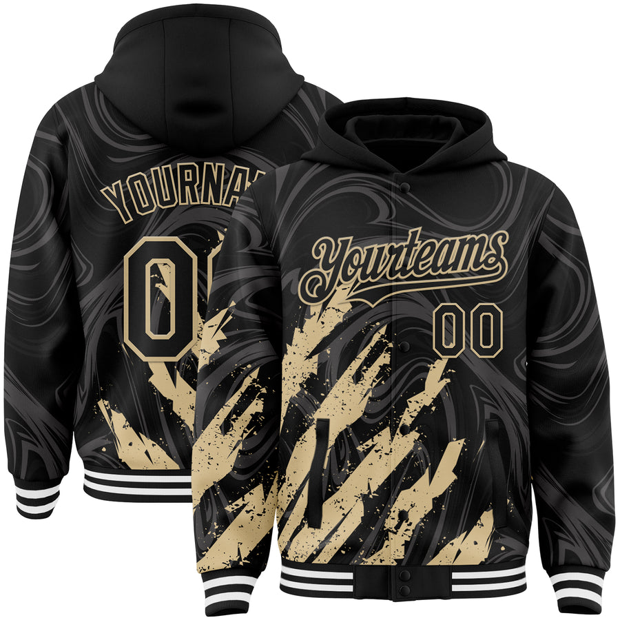 Custom Black Vegas Gold-White Splash Bomber Full-Snap Varsity Letterman Hoodie Jacket